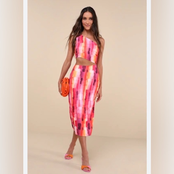Lulus Dresses & Skirts - Lulus Luminous Vibes Hot Pink Abstract One-Shoulder Cutout Midi Dress XL New